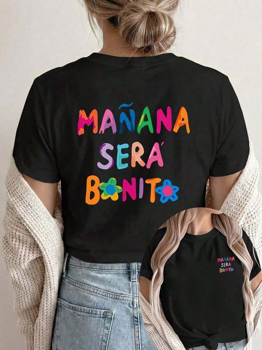 HERARIUM [Double-Sided Print] Women's T-Shirt, Casual Short-Sleeve Round Neck Top, Colorful "TOMORROW WILL BE BEAUTIFUL" Print, Washable, Suitable Casual Wear, Multipurpose T-Shirt, Comfortable Material, For Fashion Enthusiasts - 黑色 - 查看 1