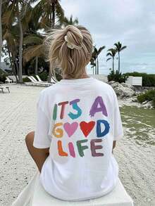 [Impresión a Doble Cara] Camiseta Holgada Casual de Verano para Mujer, Estilo Pintado a Mano, Estampado de Corazón y la Frase "ITS A GOOD", Cuello Redondo, Manga Corta, Hombros Caídos, Camiseta Oversize de Algodón Puro [Más Vendida 1] 100% Algodón, Camisetas de Verano - Blanco - Ver 4
