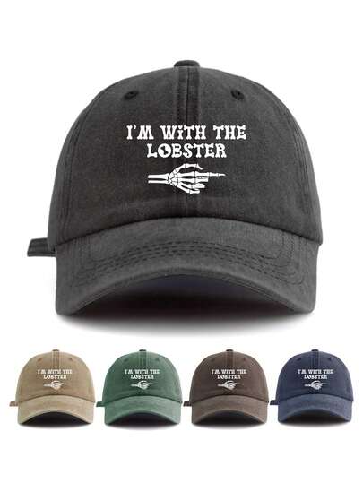 1 pieza Gorra de béisbol con estampado "Estoy con la langosta" para hombres, estilo vintage lavado, ajustable, transpirable, sombrero casual de protección solar, adecuado para la vida diaria, conductor de camión, gorra curva fresca de hipster