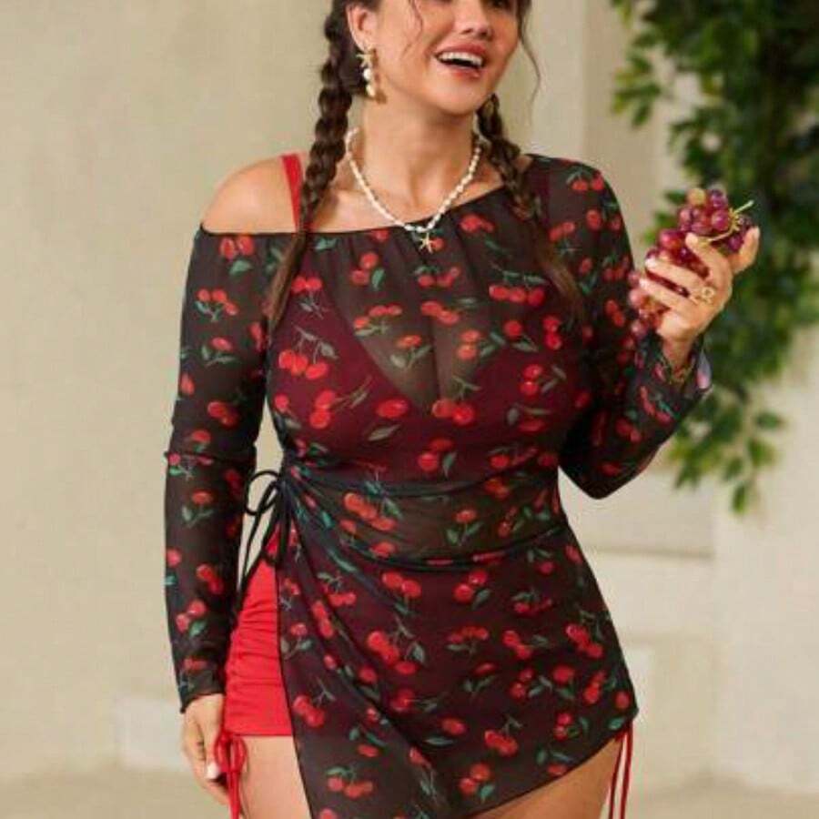 Swim Mod 1 Set Plus-Size Swimwear With Cherry & Fruit Prints, Vacation Girlish Design For Summer - Negro - Ver 1