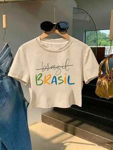 Apricot Cropped Short-Sleeve T-Shirt - The Handwritten Word "Brazil" Is Crossed Out With A Horizontal Line, Matched With Large Colorful Letters "BRASI - 杏色 - 查看 11
