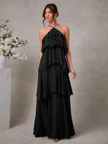Vestido largo elegante y romántico de gasa con cuello de halter y volantes para invitados a una boda - Negro - Ver 6