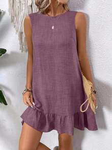 Elouméa Vestido sin mangas de unicolor, simple y diario, para vacaciones y playa - Azul marino - Ver 10