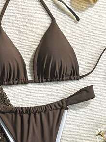 Conjunto de bikini de atar elegante y vintage de color marrón sólido para mujer, ideal para vacaciones y uso casual. Vestido con textura como cubierta de traje de baño, ropa de playa para primavera/verano - Café integral - Ver 4