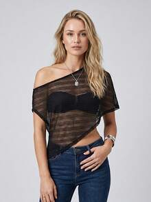 Womens Summer Knit Sheer Poncho Lightweight Asymmetric Off One Shoulder Pullover Crop Tops - 黑色 - 查看 4