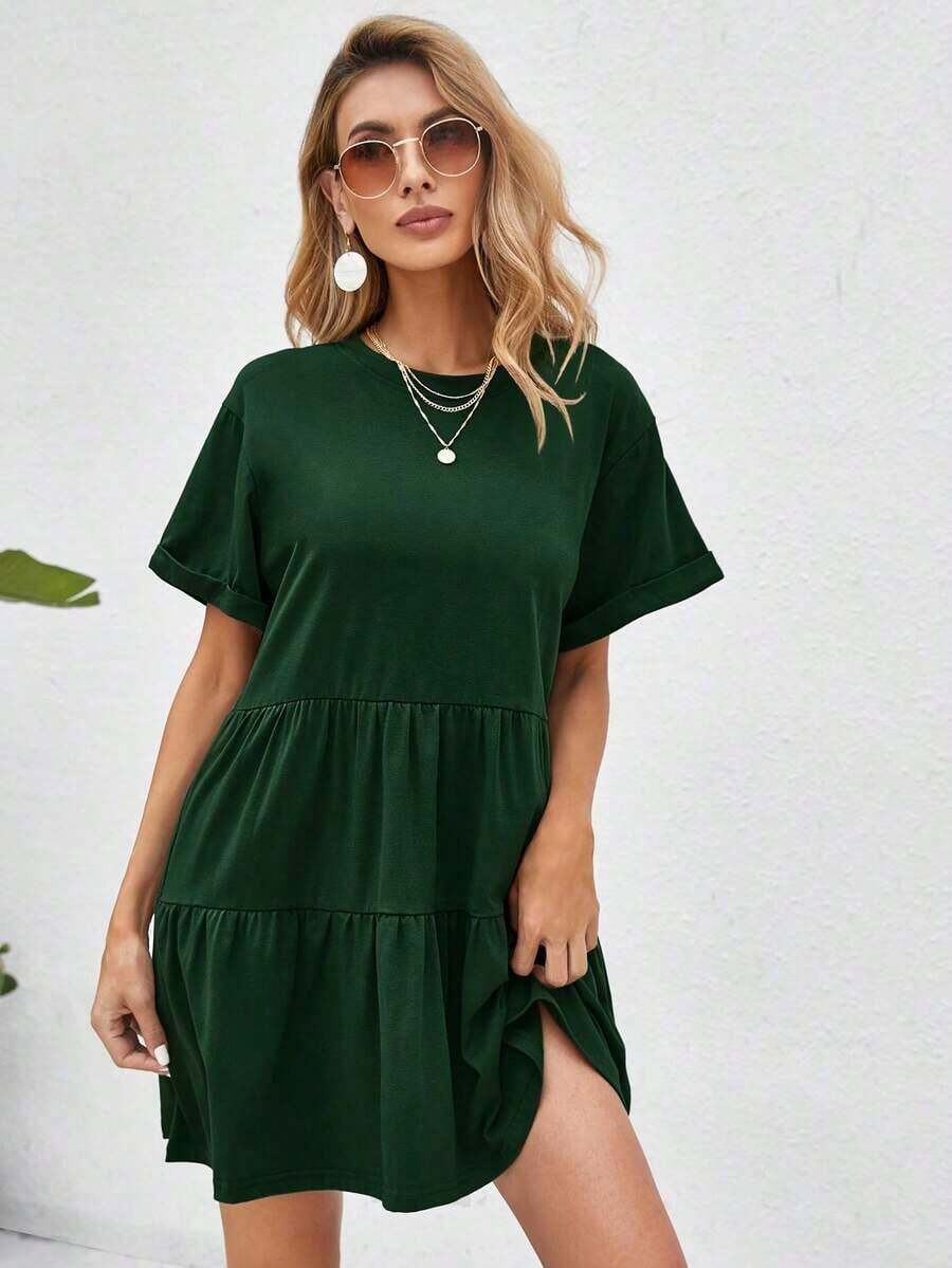 Holidaya Vestido de muñeca con dobladillo de volantes y puños enrollados, atuendo de playa de vacaciones - Verde - Ver 1