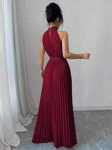 Vestido elegante de corte evasé para mujeres con cuello de volantes y cintura ceñida para el Día de San Valentín, romántico - Burdeos - Ver 2