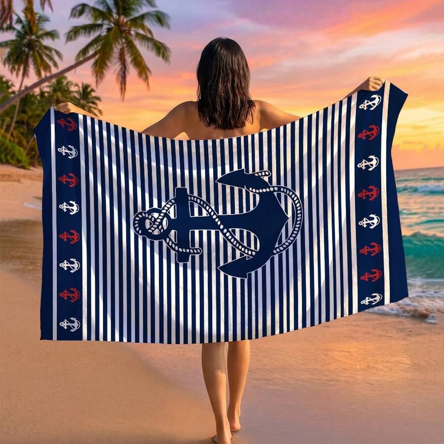 1条锚图案沙滩巾，适合旅行、户外露营、海滩、游泳、海滩度假 - A - 查看 1