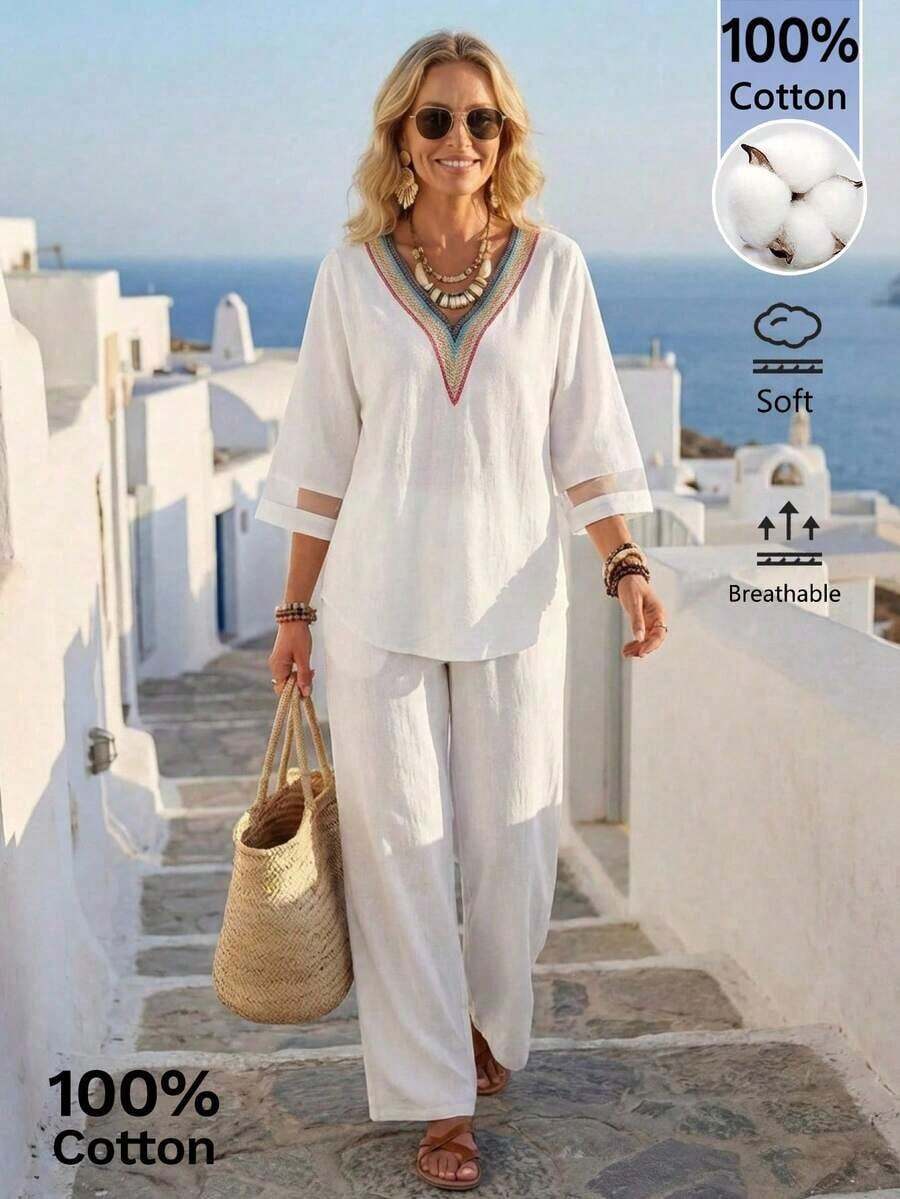 Conjunto casual de 2 piezas de camisa de manga 3/4 con cuello en V a rayas y pantalones para vacaciones de mujer - Blanco 2 - Ver 1