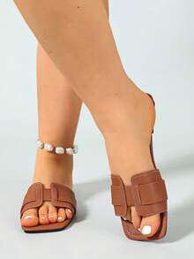 Ximi Ruo Wide Fit Rhinestone Embellished Comfortable Slide Sandals, Brown Flat Strap Casual Outdoor TPU Summer Sandals, Suitable For Dresses, Beach - Brown - View 3