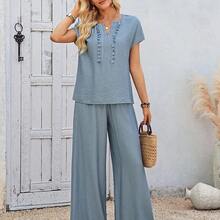 Conjunto de 2 piezas de top y pantalones casuales de verano de unicolor con flecos para mujer - Azul - Ver 6