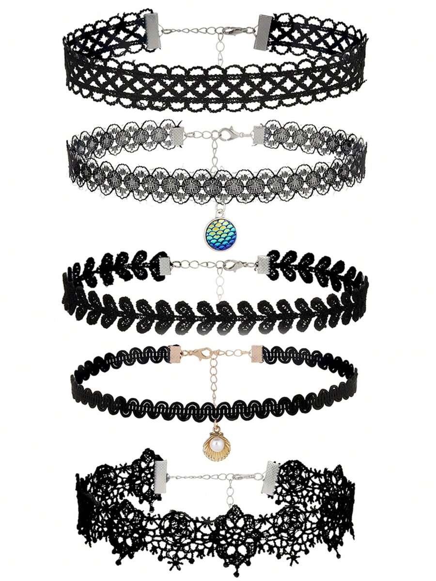 Bộ 5 vòng cổ choker ren đen nhiều lớp kiểu Gothic có thể điều chỉnh kích thước dành cho nữ, thích hợp đeo hàng ngày, Halloween và cosplay. - màu đen - Xem 1