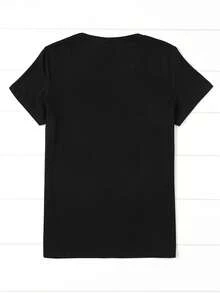 Conjunto de verano moderno para mujer con camiseta de manga corta y cuello redondo - Negro - Ver 3