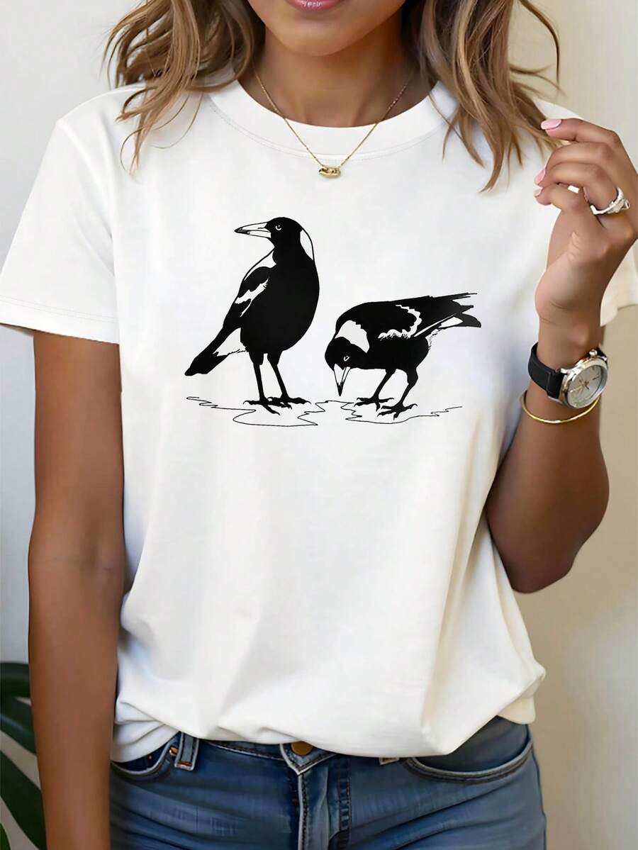 Mujeres Magpie Adecuado para: Casual Pájaro Silueta Camiseta - Minimalista Magpie, Medio-estiramiento cómodo de uso diario, primavera / verano todos los días Top para los amantes de la leza (lavable en máquina)