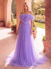 Faeriesty Vestido formal elegante de unicolor con hombros descubiertos, volantes y malla - Morado - Ver 1