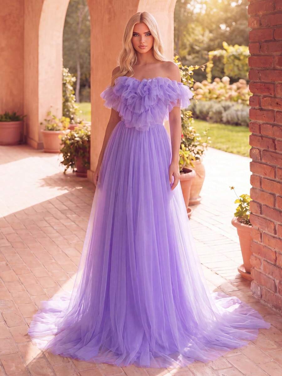 Faeriesty Vestido formal elegante de unicolor con hombros descubiertos, volantes y malla - Morado - Ver 1