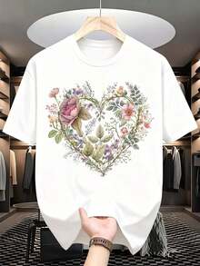 1 pieza de camiseta con diseño de corazón floral para mujer, estilo casual y holgado, ideal para el verano, una prenda de moda. Es una camiseta perfecta para regalar a amigos y familiares en cualquier día festivo u ocasión especial, 180g 100% algodón. - Negro - Ver 9