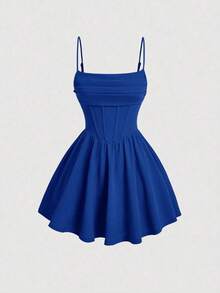 Elegante vestido de tirantes con fruncido en la cintura de color liso - azul real - Ver 1
