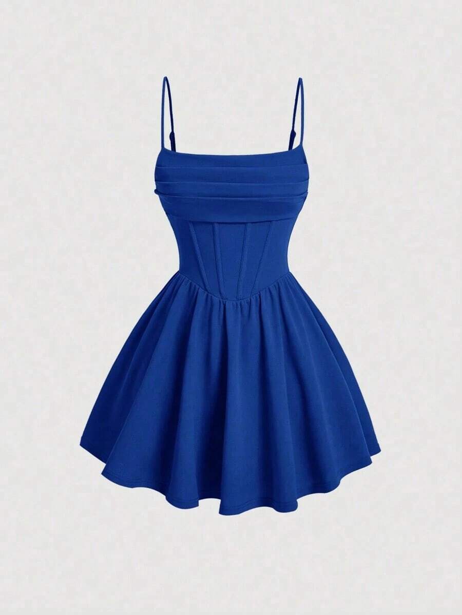Elegante vestido de tirantes con fruncido en la cintura de color liso - azul real - Ver 1
