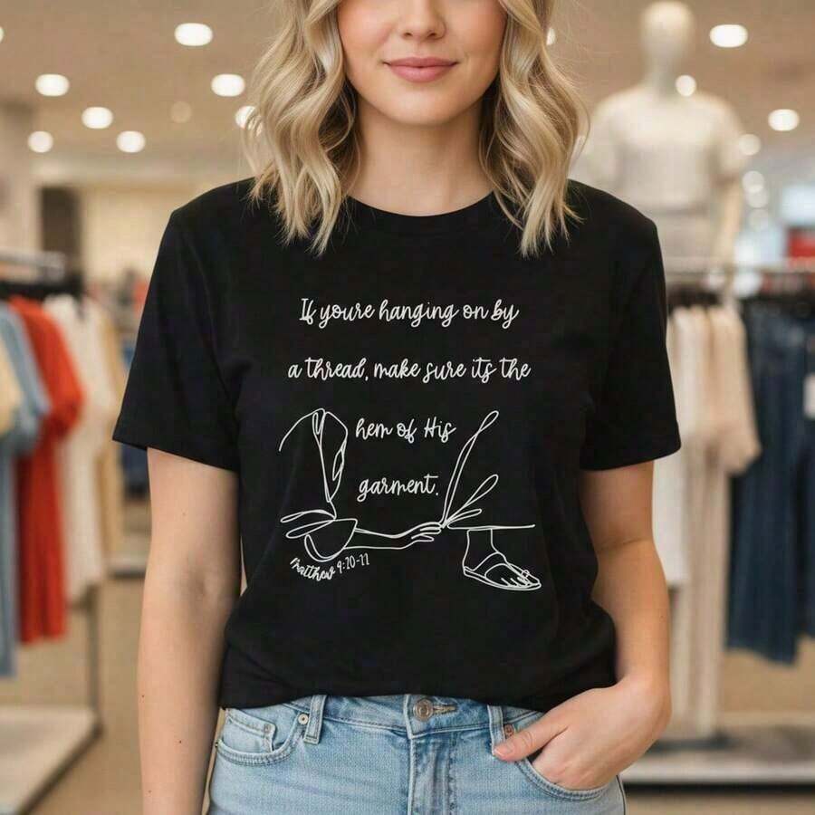1 Piece Of Women's Christian Print Cotton T-Shirt, Featuring The Phrase "If You're Hanging By A Thread", Bible Verse Print, Short Sleeves, Casual Loose Fit, 180g, 100% Cotton, Designs Are Fully Printed. Unisex. - 黑色 - 查看 1
