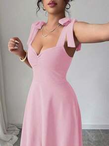 elegante y romántico para mujer con lazo decorativo en la cintura y corte evasé sin mangas - Rosa Pálido - Ver 7