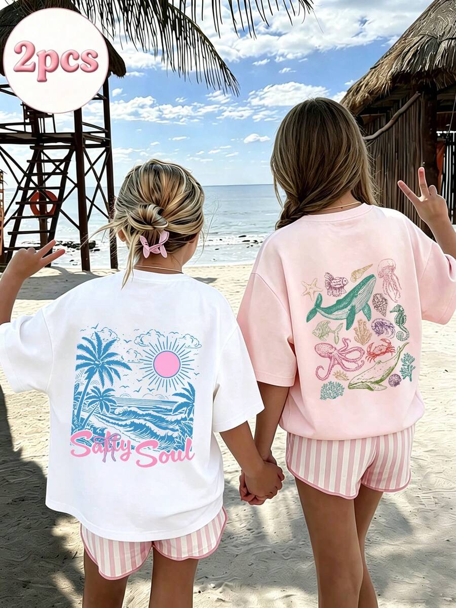 2pcs Tween Girls' Casual Funny Print Crew Neck Short Sleeve T-Shirt, Summer Top - White - View 1