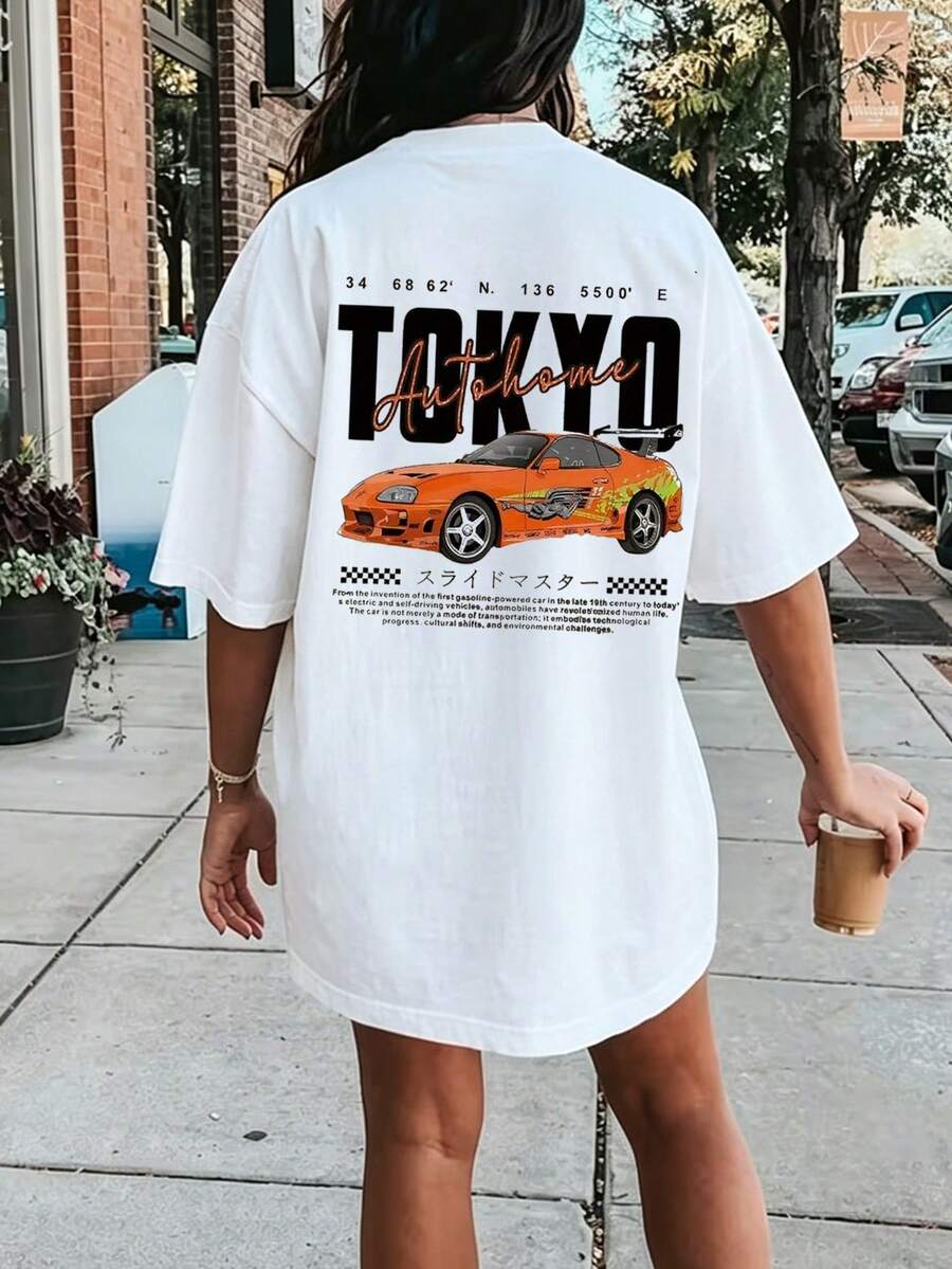 Women's Summer Fashion Short Sleeve T-Shirt Casual Outdoor Fashion T-Shirt 'Tokyo Automobile' Print Loose Casual Women's T-Shirt - 白色 - 查看 1