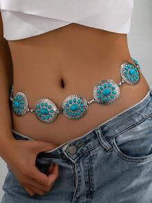 1 Pc Vintage Western Concho Waist Chain, Cowboy Cowgirl Style Blue Turquoise Cluster Belly Chain, Southwestern Belt For Women - Multicolor - View 6