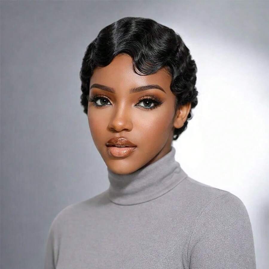 Elegant Finger Wave Bob Wig, 100% Virgin Human Hair Deep Wave 150% Density Elastic Cap For Women, Natural Beautiful Versatile Styling, Suitable For All Skin Tones, Easy To Maintain Natural Effect