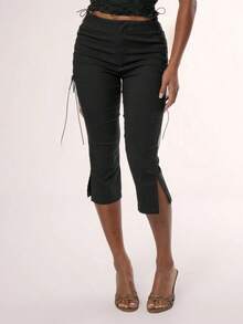 Pantalones capri con cordones laterales, estilo veraniego Y2K de los 90, lindos y sexys para vacaciones, elegantes y lindos para festivales de Ibiza, fiestas y primavera, de uso casual - Negro - Ver 1