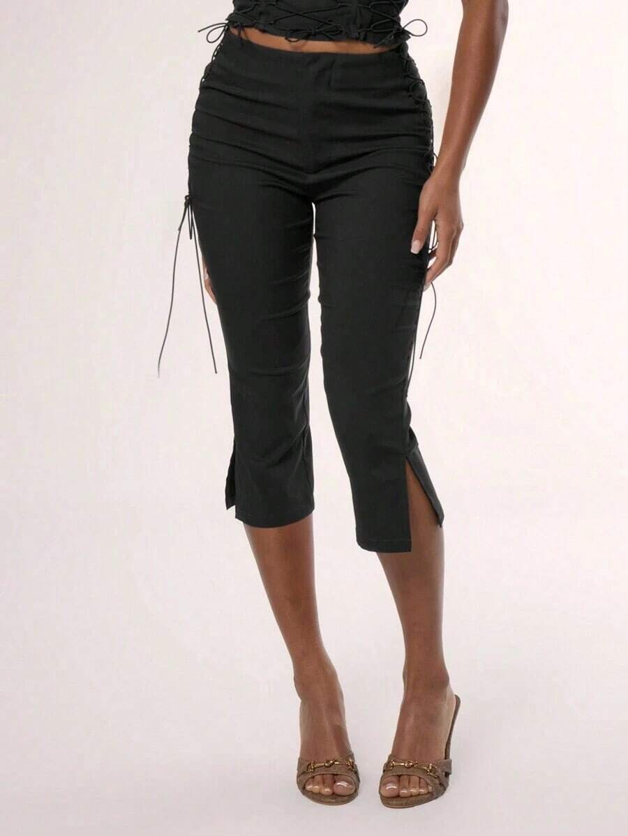 Pantalones capri con cordones laterales, estilo veraniego Y2K de los 90, lindos y sexys para vacaciones, elegantes y lindos para festivales de Ibiza, fiestas y primavera, de uso casual - Negro - Ver 1