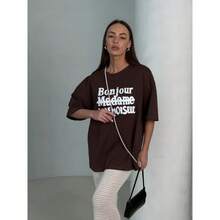 Camiseta de manga corta de algodón puro para el verano 2025, de diseño chique de nicho, de gran tamaño, con estampado de letras elaborado y elegante, a la moda. - Negro - Ver 3