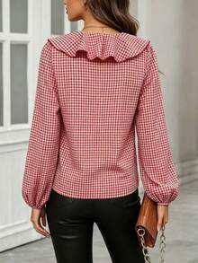 Camisa de mujer con bolsillo, botones y volantes a cuadros, color rojo, para primavera - Rojo - Ver 8