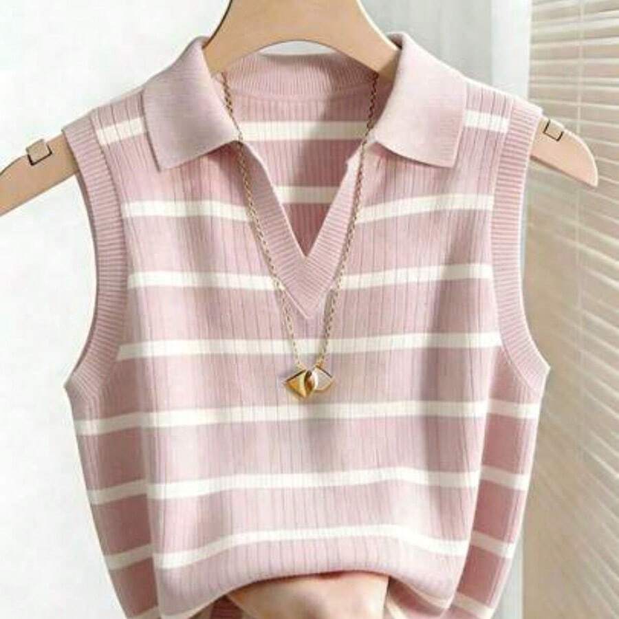 Camiseta de tirantes de punto con cuello y rayas elegante y casual para mujer - Rosa - View 1