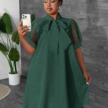 Maweii Plus Size Women Loose Mesh Patchwork Bow Design Vacation Dress, Spring/Summer Orange - Verde Oscuro - Ver 5