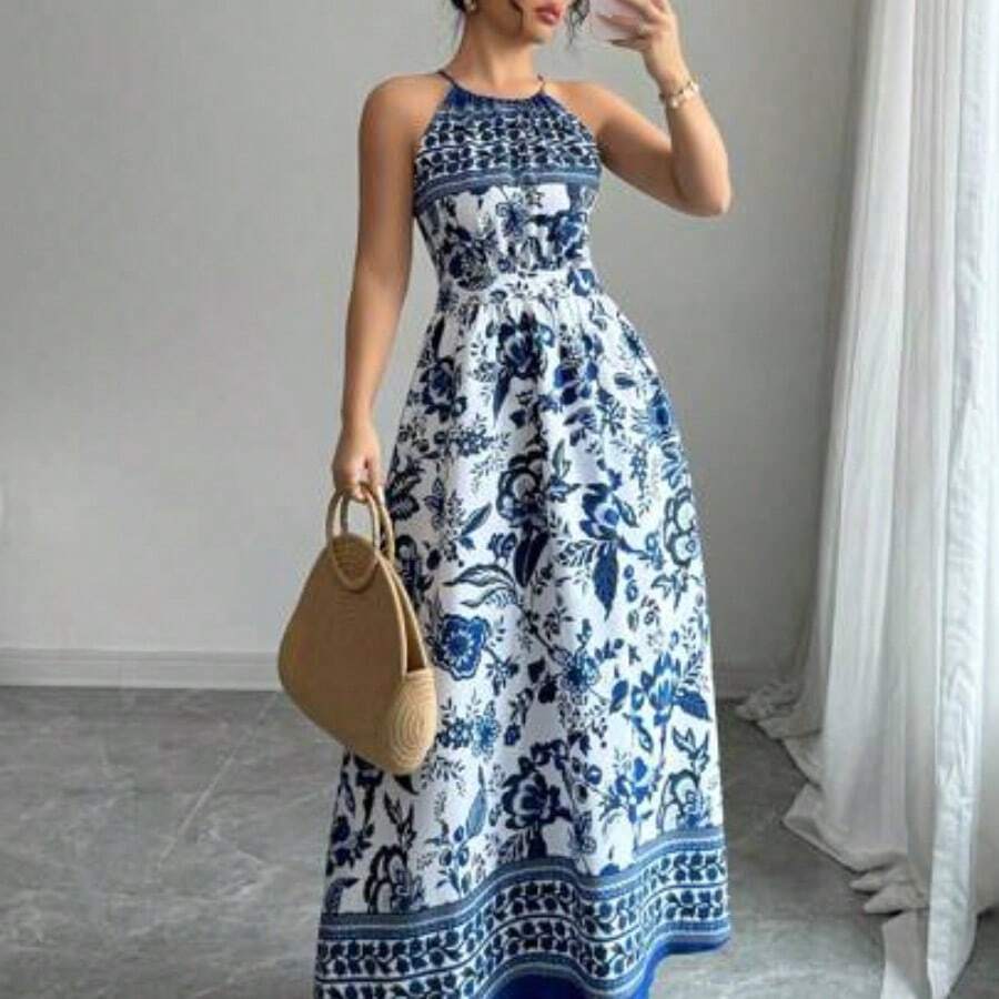 Women Midi Dresses - Blue and White - View 1