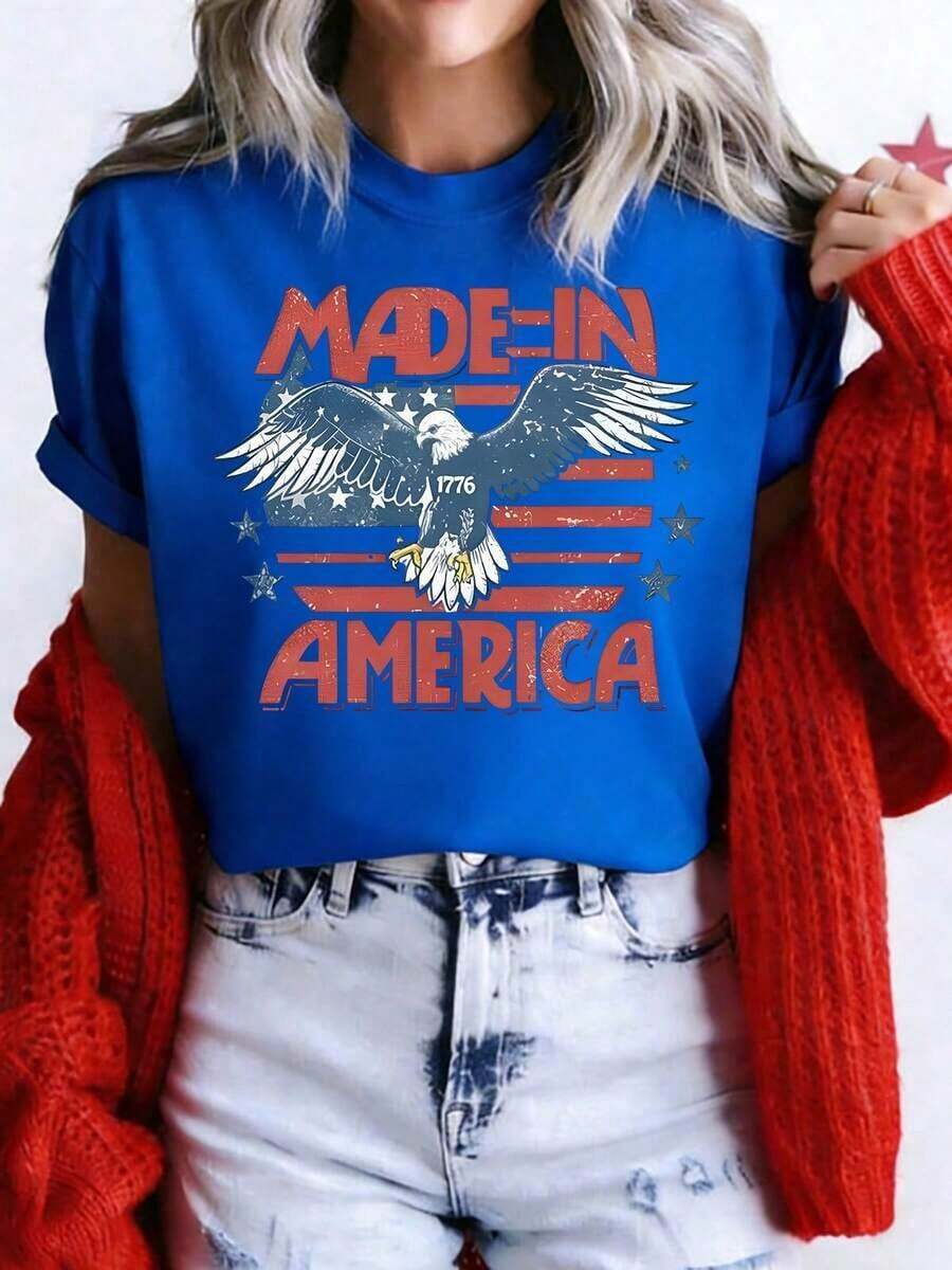 Western 4th Of July T-Shirt Made In America, 4th Of July T-Shirt, 4th Of July Country T-Shirt, Western T-Shirt, Country Concert T-Shirt, Music Festival T-Shirt, Women's Short Sleeve Crew Neck Print T-Shirt - Casual Daily Wear, Sports & Fitness, For Everyone (Perfect For Valentine's Day) - 藍色 - 查看 1