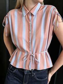ZAHM Áo sơ mi công sở dáng thanh lịch, nhẹ nhàng, thiết kế dây rút vai phối sọc tương phản, áo blouse tay dài rộng rãi đa năng dành cho nữ. - Hồng - Xem 6