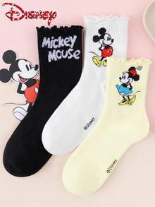 Disney 1/3/6双装迪士尼米奇米妮卡通可爱印花荷叶边中筒袜，时尚舒适百搭男女通用休闲袜，适合所有季节 - 彩色 - 查看 4