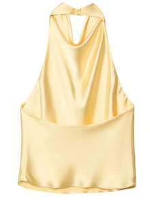 Camiseta sin mangas de satén de unicolor con cuello alto tipo halter Y2K para mujer, ropa de calle linda para el verano en color negro casual - Amarillo - Ver 5