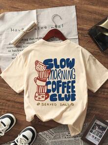 Camiseta de manga corta con cuello redondo y estampado de letras, de estilo sencillo y versátil para el uso diario de las mujeres, camiseta de algodón cómoda. - Caqui - Ver 3
