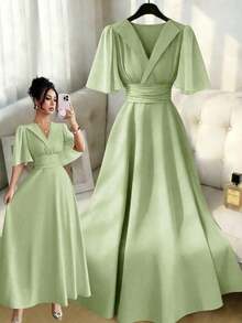 YHHElenzga Nuevo vestido casual, elegante y de vacaciones para mujer con diseño de cuello, cintura plisada, parche de gasa y mangas con volantesYHH - verde menta - Ver 12