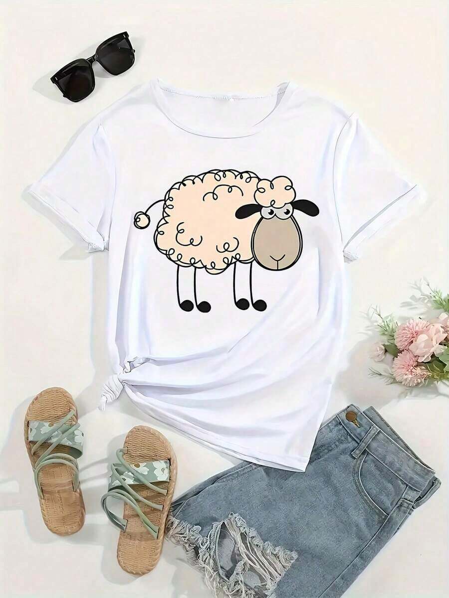 Conjunto de camisa y camiseta elegante para mujer, camiseta casual para mujer, camisa elegante para mujer, serie deportiva de moda para mujer, estampado de cordero de dibujos animados, camiseta casual de manga corta con cuello redondo, camisa para mujer, top casual, serie de camisetas. Adecuada para el uso diario informal. La tela es ligera y transpirable. Una elección perfecta para vacaciones lindas y a la moda. El diseño divertido la convierte en una compañera ideal para actividades al aire libre. Adecuada tanto para celebraciones festivas como para el uso diario. Una excelente combinación para la vida universitaria de estilo vintage y los atuendos diarios. Diseño lindo, cómodo y ajustado. Estilo clásico, tela suave y agradable para la piel. Estilo mexicano. - Negro - Ver 1