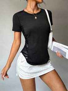 Women's Short Sleeve T-Shirt, Mesh Patchwork Design, Breathable & Comfortable Fabric Sports - Black - View 5