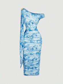 Vestido elegante de largo medio con cuello asimétrico, volantes y parches en color liso con efecto tie-dye para mujeres - Azul 2 - Ver 1