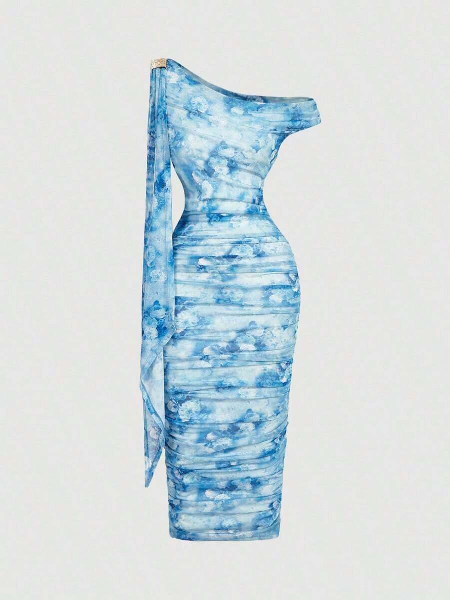 Vestido elegante de largo medio con cuello asimétrico, volantes y parches en color liso con efecto tie-dye para mujeres - Azul 2 - Ver 1