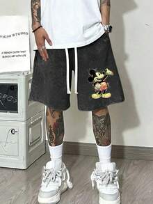 Disney Men's 290g Washed Cotton Shorts, Graffiti Mickey Print, Loose Fit, Cool Streetwear Shorts. - 黑色 - 查看 1
