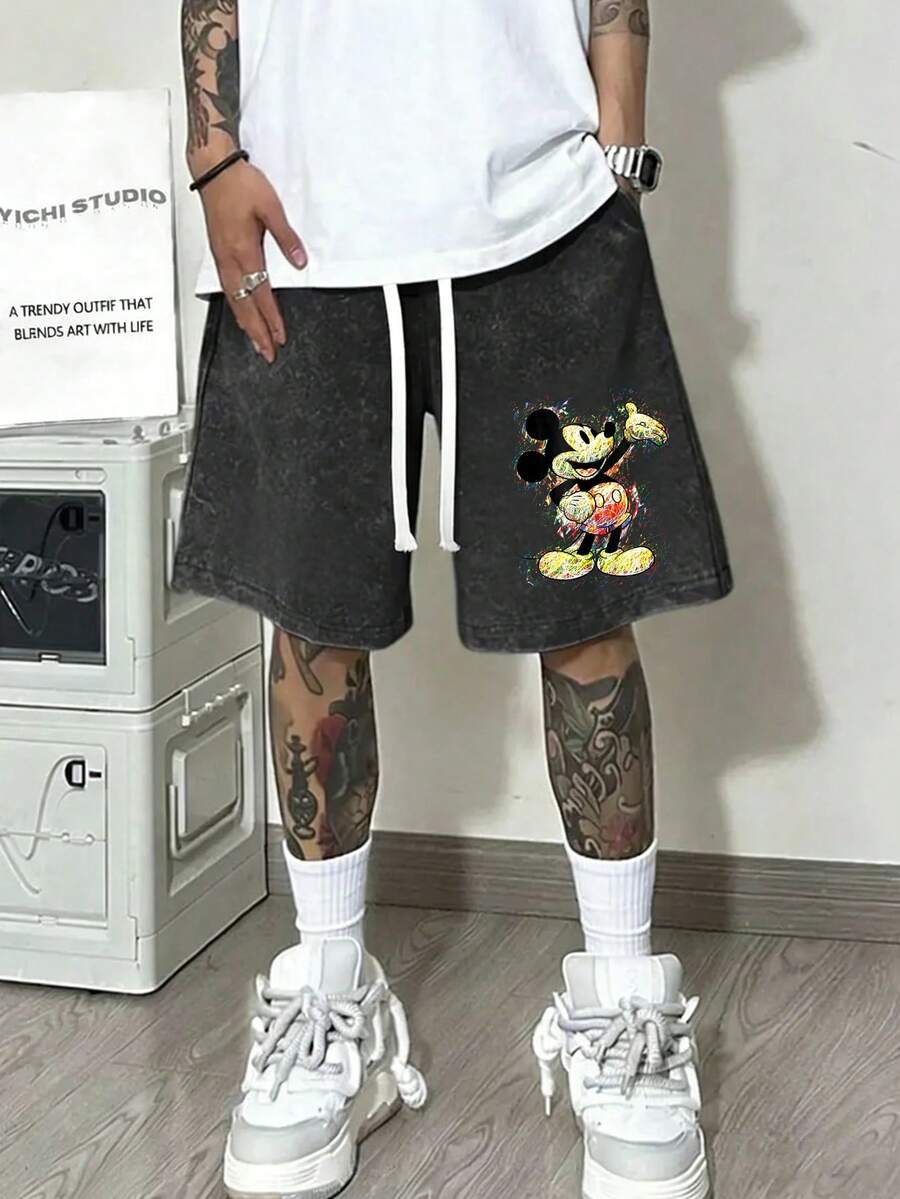 Disney Men's 290g Washed Cotton Shorts, Graffiti Mickey Print, Loose Fit, Cool Streetwear Shorts. - 黑色 - 查看 1