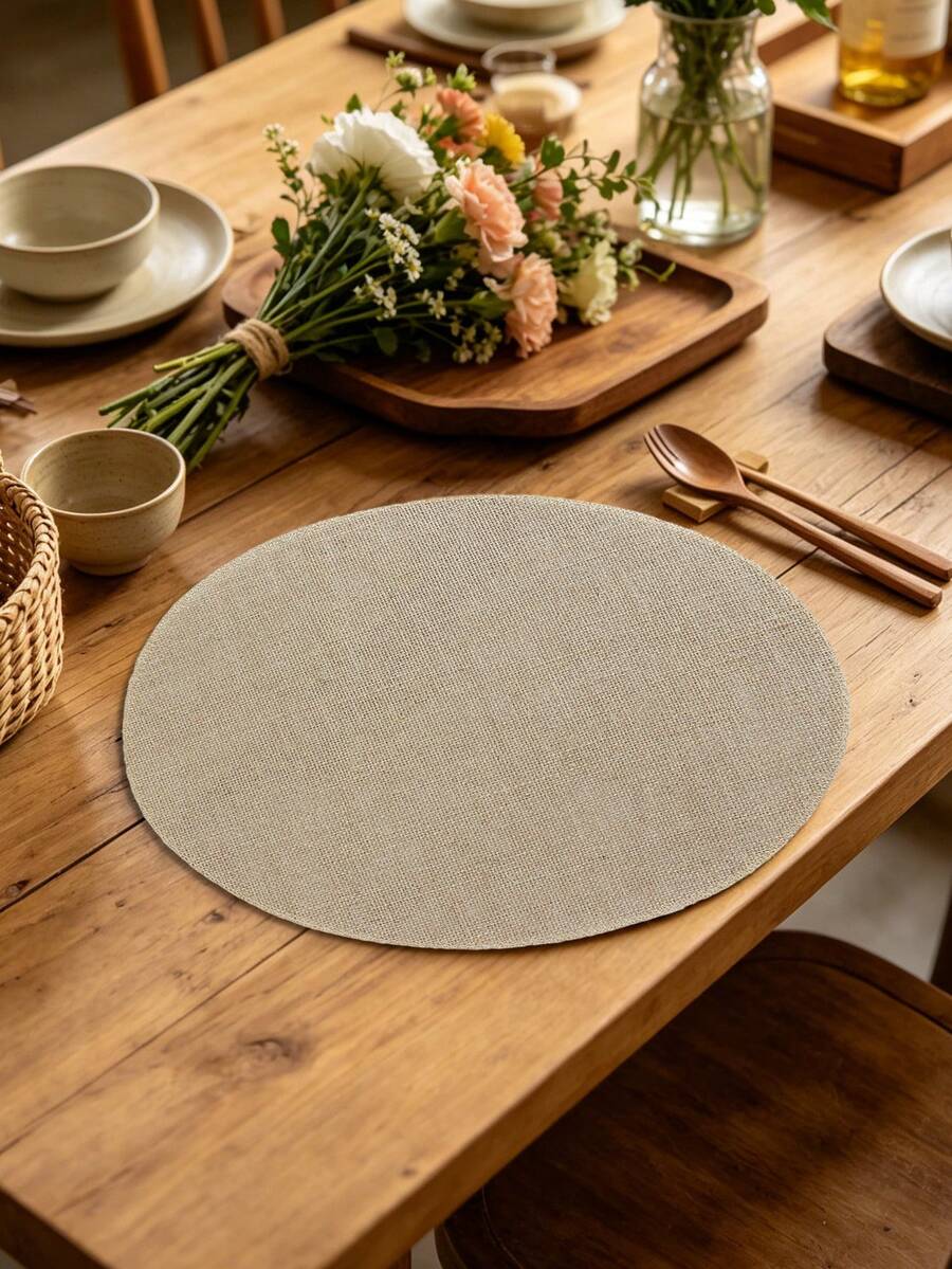 1pc Round Linen Coarse Burlap Placemat, Trivet, Heat Resistant Dining Mat, Suitable For Kitchen And Dining Room, Can Be Used As Wedding Tablecloth, Wedding Decor, Home Decor, Room Decor, Applicable For Wedding Banquet, Birthday Party, Family Gathering, Restaurant Decor - Multicolor - View 1