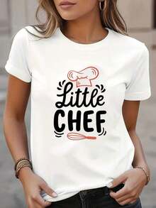 1 pieza de camiseta casual para mujer con estampado "Pequeño Chef" - Transpirable, de cuello redondo y manga corta, estampado rojo y blanco con diseño de gorra de chef y espátula, camiseta ligera de verano para atuendo casual, camiseta para uso diario. |   Camiseta con Diseño Divertido |   Ajuste cómodo 180g 100% algodón - Blanco - Ver 11